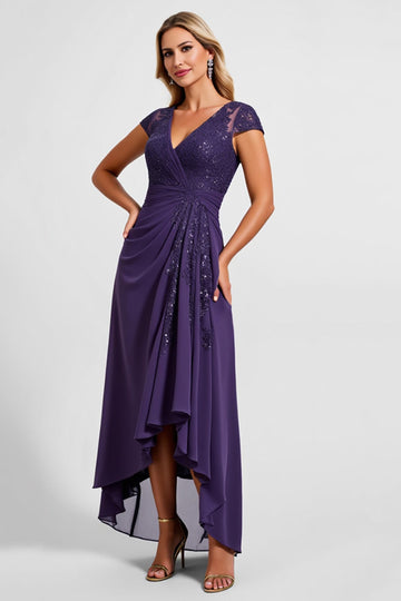 Robe longue mère de la mariée en mousseline de soie violette scintillante avec dentelle